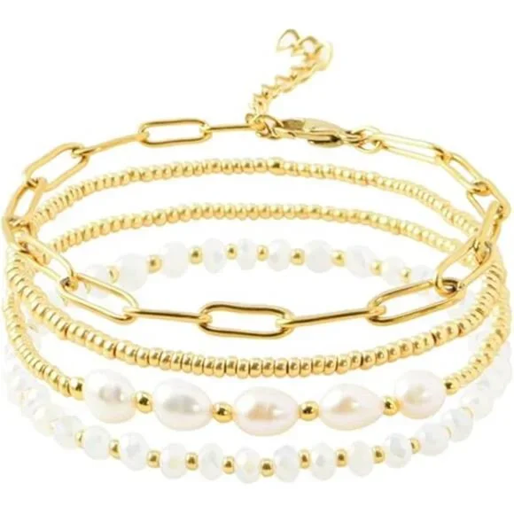 Dainty Gold Plated Pearl Crystal Beaded Bracelets Set for Women 14K Gold Plated - Picture 7 of 7